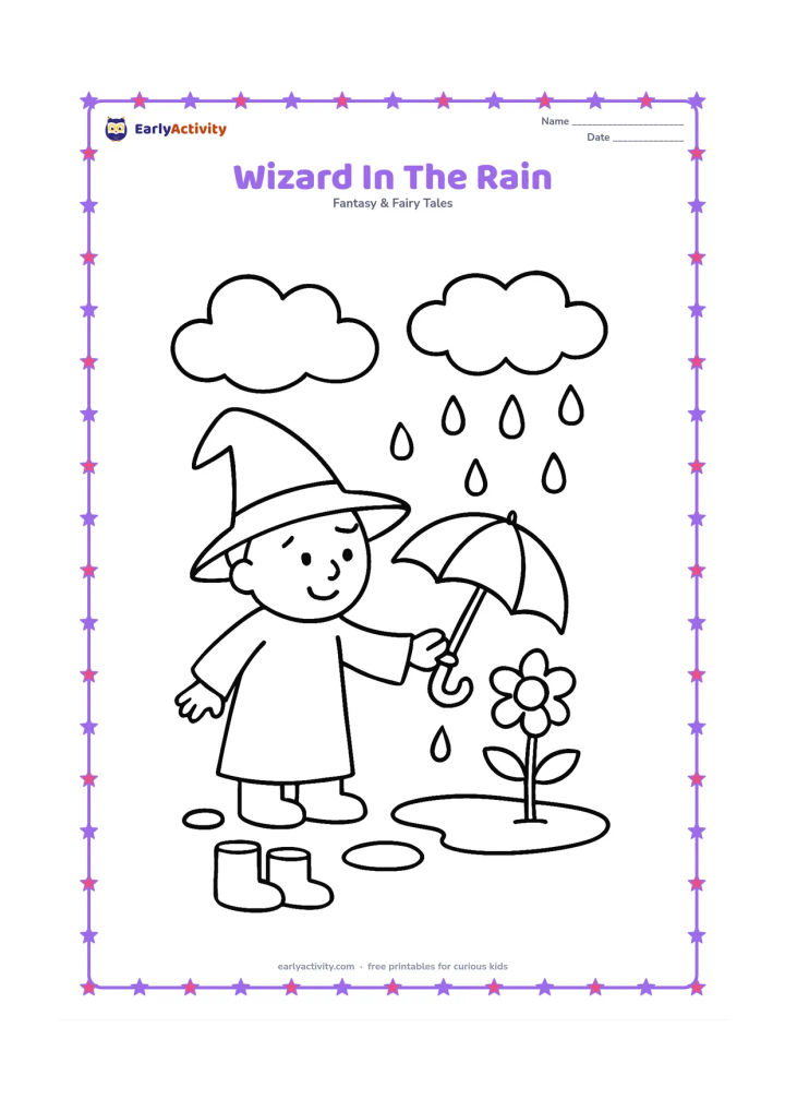 Colouring page: A happy wizard holds a large umbrella while guiding a tiny stream of pretend rain toward a thirsty flower. Include puddles, rain clouds and a pair of simple boots beside the wizard.