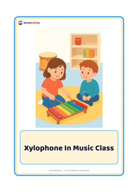 Flashcard: Draw a child tapping a xylophone with two mallets while another child watches in a bright classroom. Include a drum, open shelves and a rug in the background.