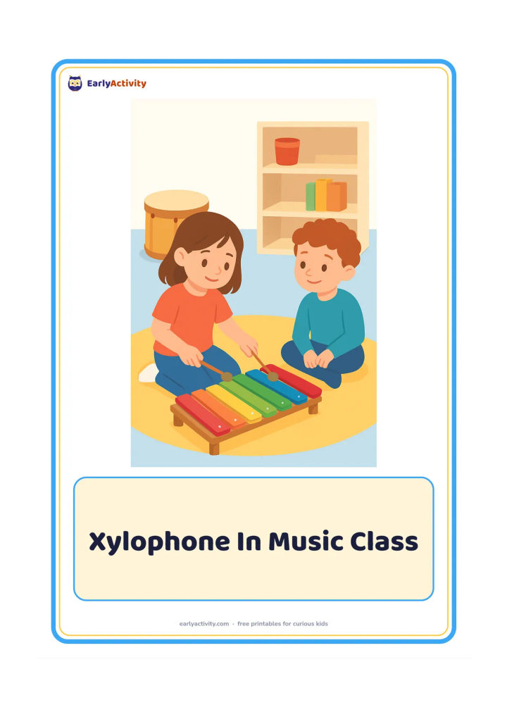 Flashcard: Draw a child tapping a xylophone with two mallets while another child watches in a bright classroom. Include a drum, open shelves and a rug in the background.