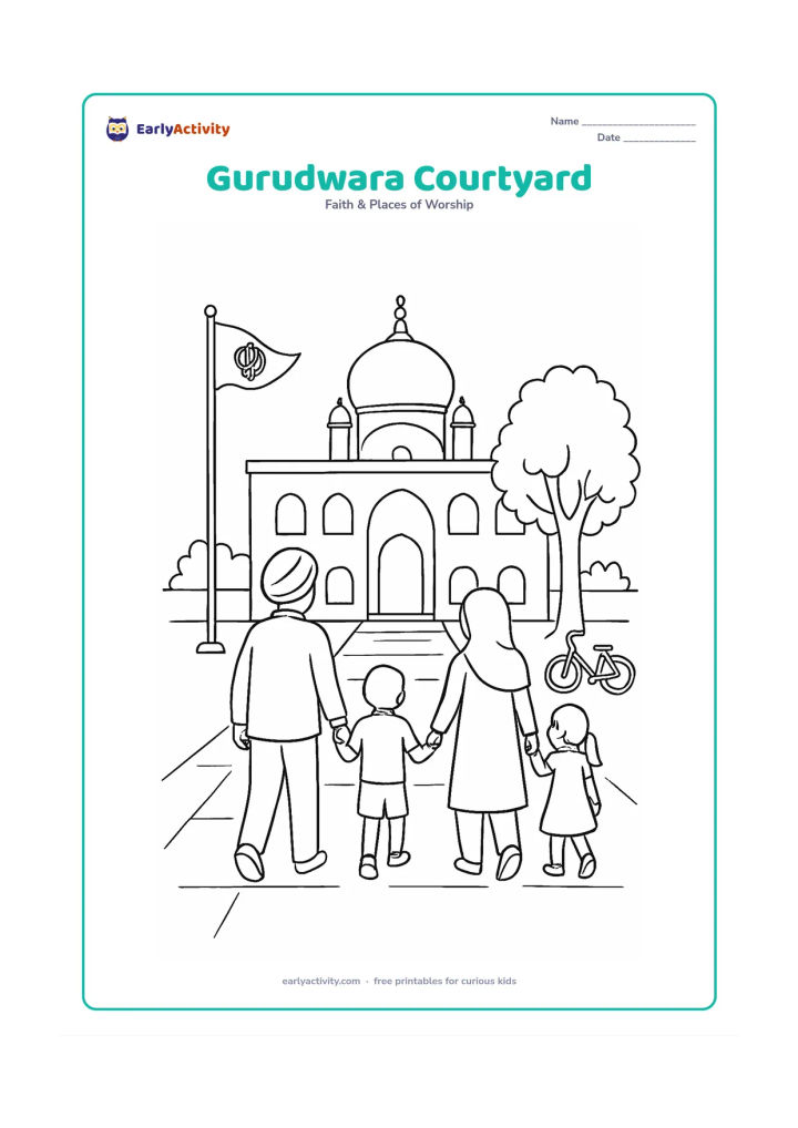 Colouring page: Show a family walking through a gurudwara courtyard toward a white-domed building, with the Nishan Sahib, arched windows, a tree and a bicycle parked neatly at one side.