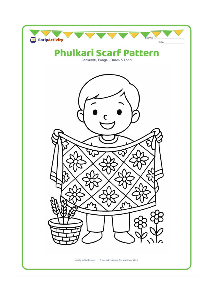 Colouring page: A smiling child holds a long Punjabi phulkari-inspired scarf stretched between both hands, displaying large floral diamond motifs. Add a basket of wheat and simple flower plants at the…