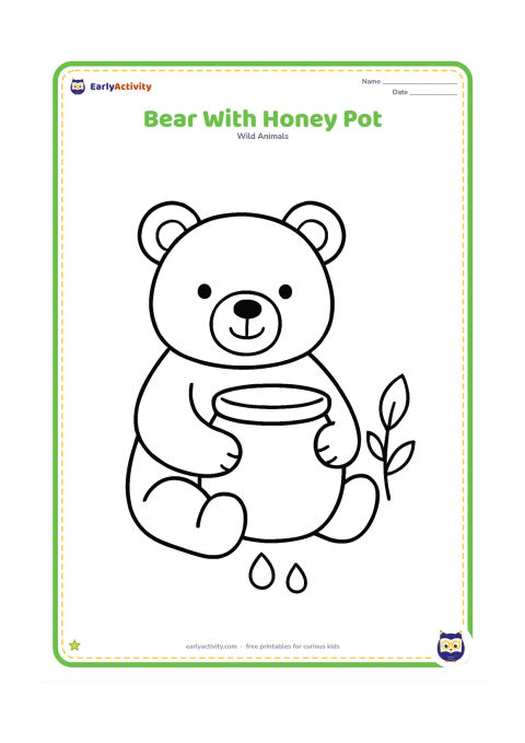 Colouring page: A seated bear holding a large plain honey pot, with two simple honey drops near the pot and one leafy plant nearby.