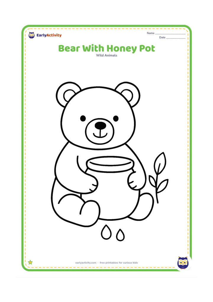 Colouring page: A seated bear holding a large plain honey pot, with two simple honey drops near the pot and one leafy plant nearby.