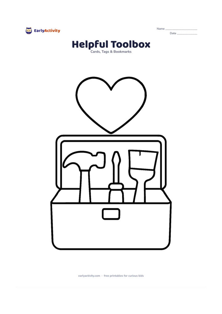 Worksheet: Draw an open toolbox with a large hammer, screwdriver and paintbrush, plus a big heart above it. Arrange the tools as clear, separate shapes that are easy to colour.