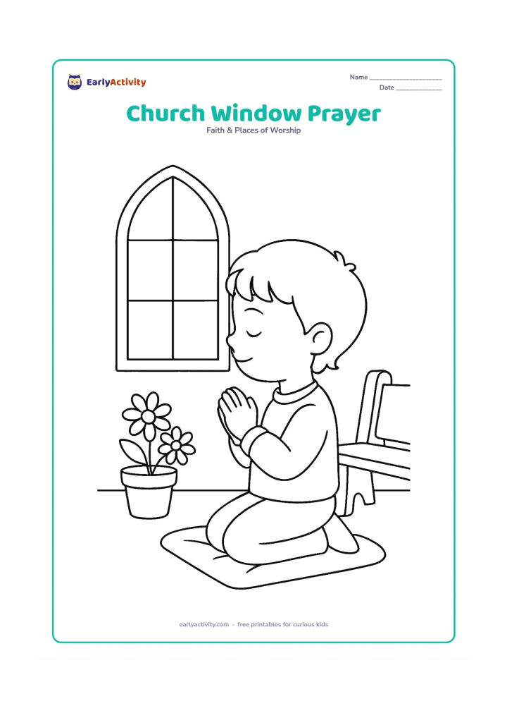 Colouring page: A child kneels with folded hands on a cushion inside a peaceful church, with a tall arched window, simple wooden bench, and potted flowers.