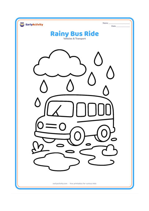 Colouring page: Draw a school bus moving on a wet road beneath large raindrops, with two puddles, a cloud, and a windshield wiper. Show only the bus and a few simple roadside shapes.