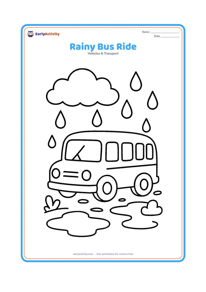 Colouring page: Draw a school bus moving on a wet road beneath large raindrops, with two puddles, a cloud, and a windshield wiper. Show only the bus and a few simple roadside shapes.