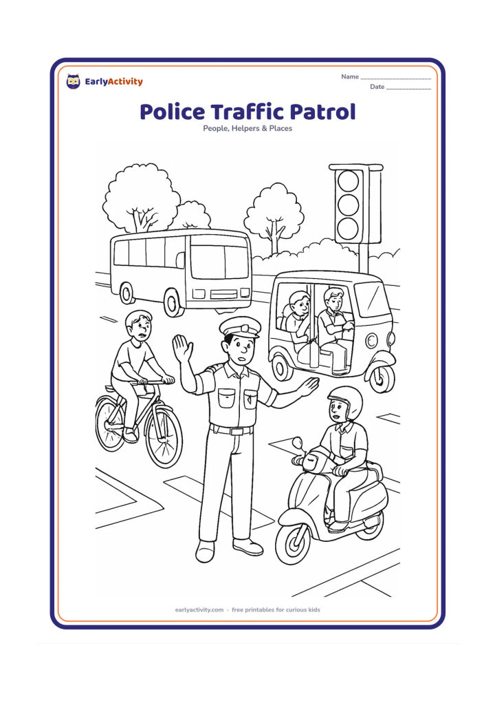 Colouring page: A police officer directs traffic at a busy but orderly Indian intersection while a cyclist, scooter rider and family in an auto-rickshaw wait safely. Include trees, a bus, lane lines and…