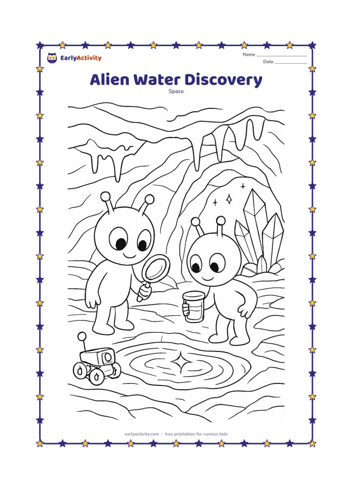Colouring page: Draw two friendly aliens examining a sparkling underground pool on a rocky planet, with one holding a magnifying glass and the other collecting a sample in a clear container. Add cave…