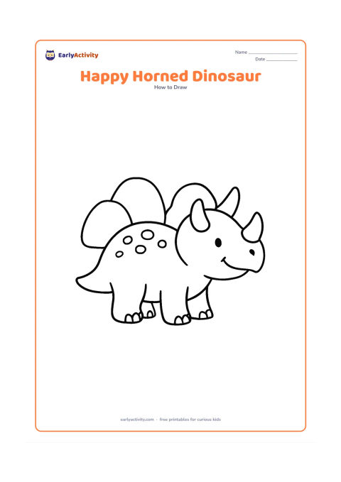 Worksheet: Show a smiling horned dinosaur in side view, built from a round body, large head, two horns, short legs, and a tail. Add three big rocks behind it and leave the step panels unlabeled.