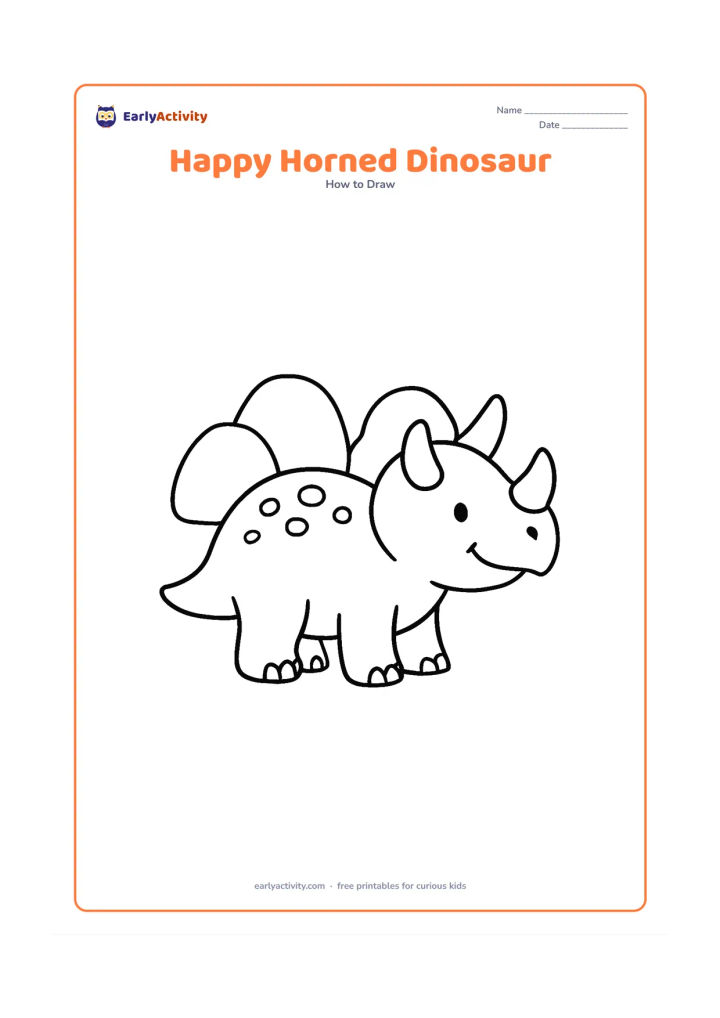 Worksheet: Show a smiling horned dinosaur in side view, built from a round body, large head, two horns, short legs, and a tail. Add three big rocks behind it and leave the step panels unlabeled.
