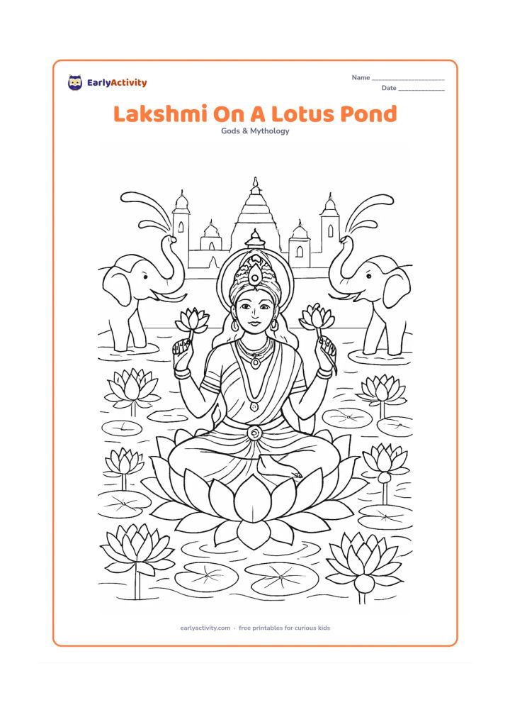 Colouring page: Draw Goddess Lakshmi seated in the center of a wide lotus pond, surrounded by layered lotus blooms, leaves, ripples, and two elephants pouring water from their raised trunks. Add distant…