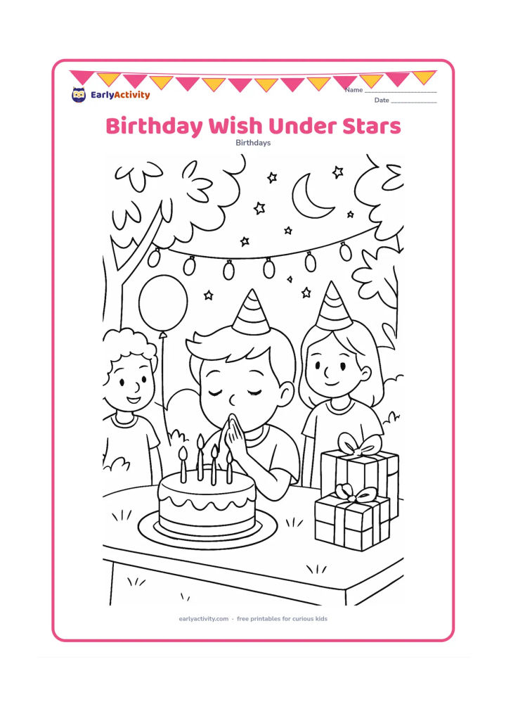 Colouring page: A child closes their eyes and makes a wish before blowing out candles on a cake at an outdoor evening party. Friends watch nearby, with balloons, gifts, string lights, trees, a crescent…