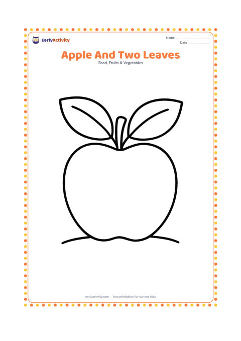 Colouring page: Draw one large apple with a stem and two oversized leaves, one on each side. Add only a simple curved line beneath it to show the ground.