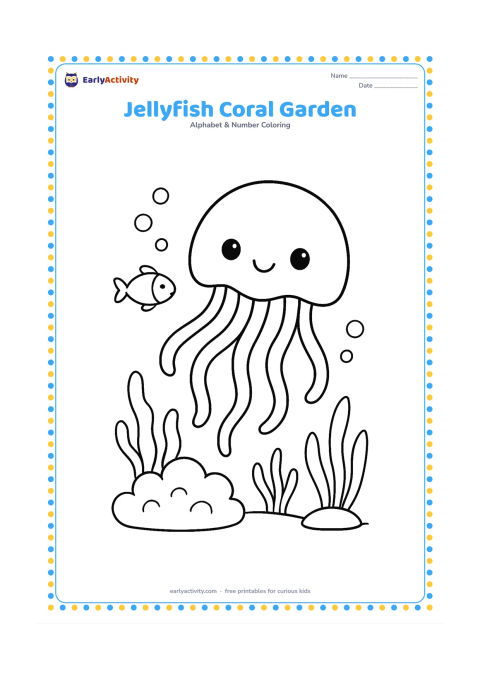 Colouring page: Draw a jellyfish swimming above rounded coral, sea plants, and a few bubbles. Include one small friendly fish in the background and show the tentacles flowing with the water.