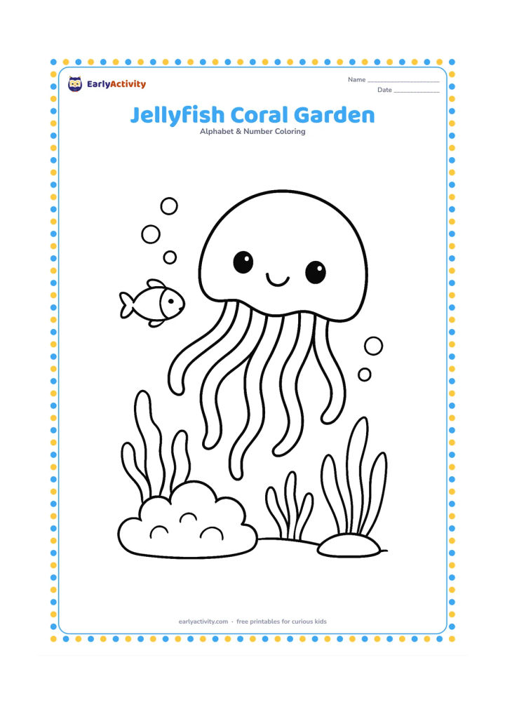 Colouring page: Draw a jellyfish swimming above rounded coral, sea plants, and a few bubbles. Include one small friendly fish in the background and show the tentacles flowing with the water.
