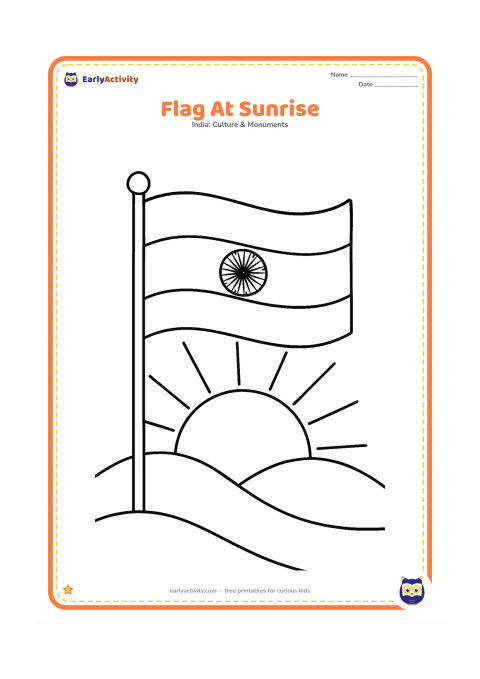 Colouring page: Draw an Indian flag raised on a pole in front of a large rising sun, with two low hills underneath. The Ashoka Chakra must be visible in the white band.