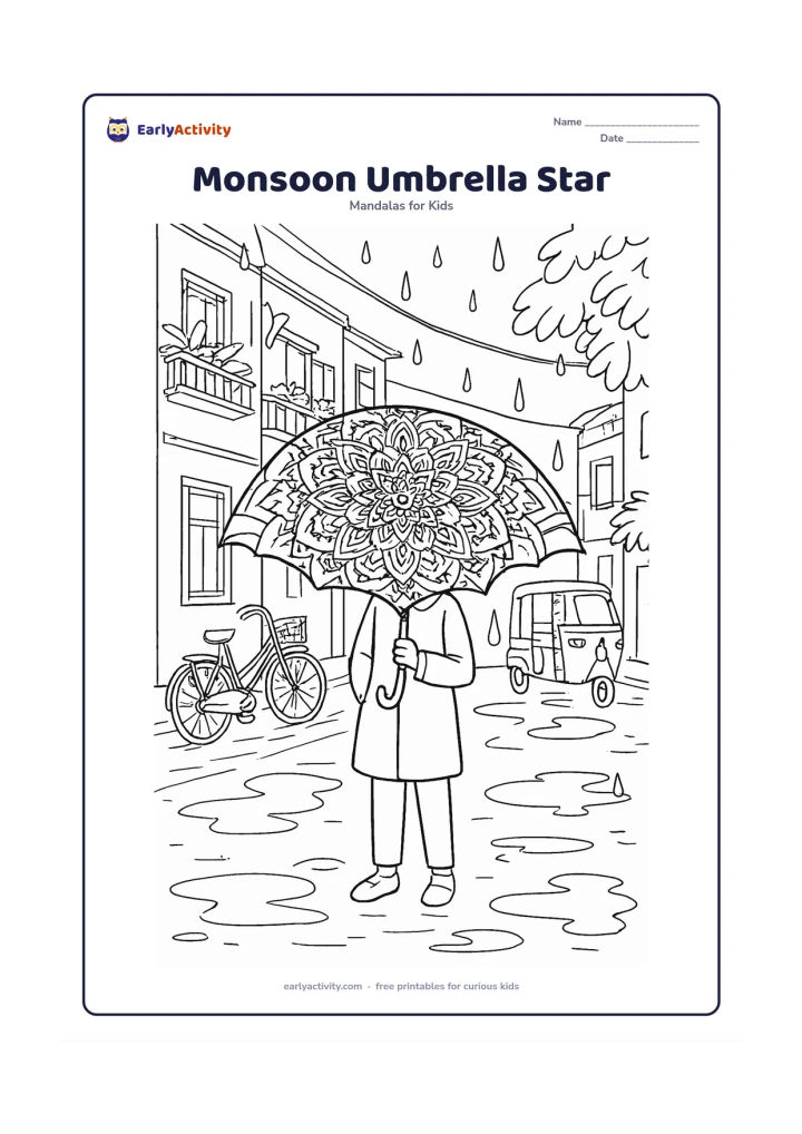 Colouring page: Show a finely repeated star mandala under a large open umbrella on a rainy Indian street. Add a bicycle, puddles, leafy balconies and a distant auto-rickshaw, with all surfaces plain and…