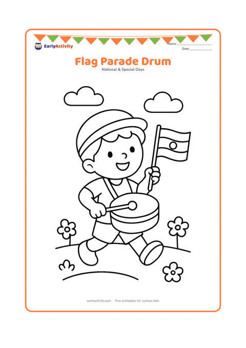 Colouring page: A cheerful child marches while carrying a small Indian flag and tapping a round parade drum. Show a simple path, two clouds and a few flower shapes.