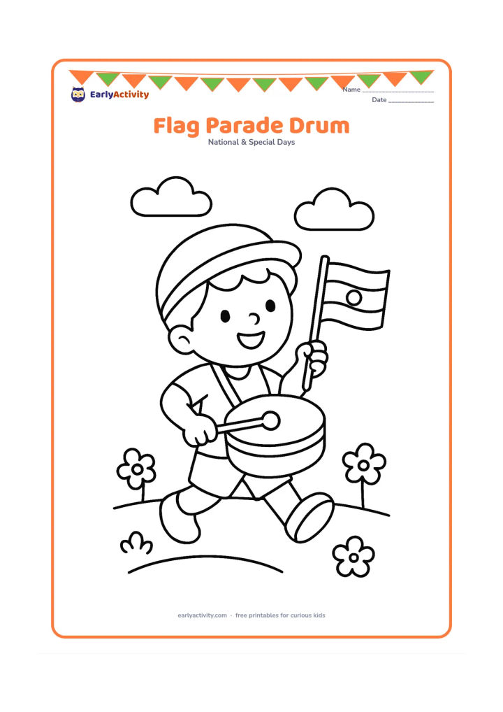 Colouring page: A cheerful child marches while carrying a small Indian flag and tapping a round parade drum. Show a simple path, two clouds and a few flower shapes.