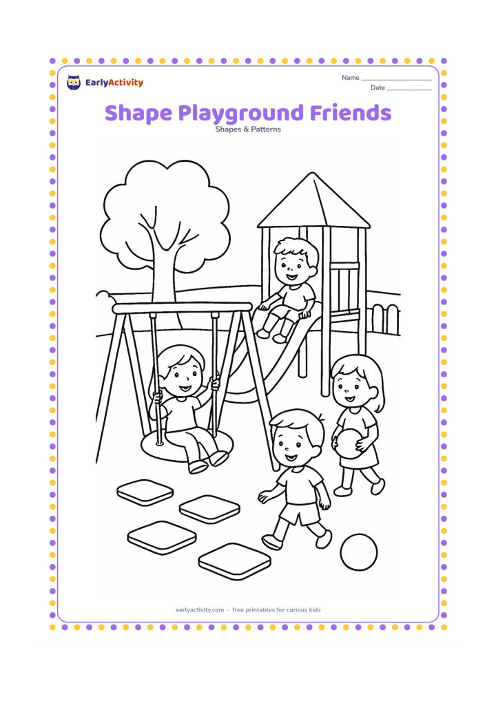 Colouring page: Draw four children using a playground with a circular swing seat, rectangular slide, triangular climbing roof, square stepping stones and a round ball. Include a tree and a low fence in…