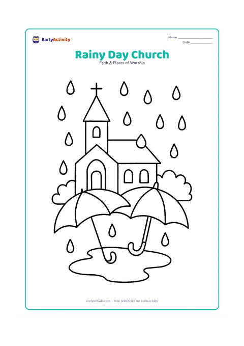 Colouring page: A small church with a steeple stands behind a puddle and two large umbrellas, with gentle raindrops, a covered entrance, and leafy bushes.