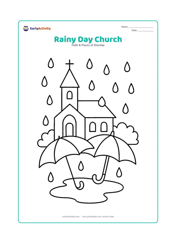 Colouring page: A small church with a steeple stands behind a puddle and two large umbrellas, with gentle raindrops, a covered entrance, and leafy bushes.
