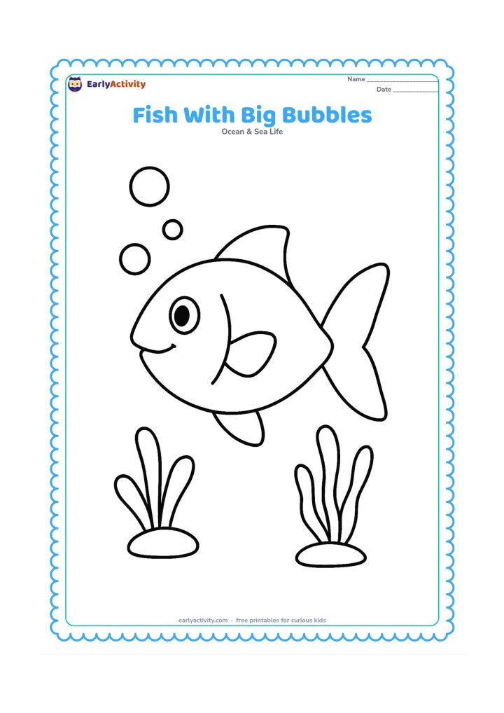 Colouring page: One friendly fish swims upward through several large bubbles, with a wide tail, clear fins, and a few simple sea plants below. Keep the fish large and central with plenty of open space…