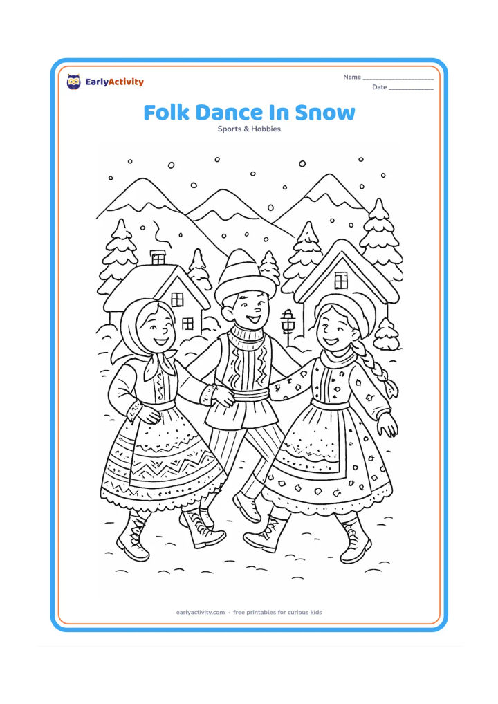 Colouring page: Draw three friends performing a cheerful winter folk dance in a snowy mountain village, wearing layered costumes and holding hands in a line. Add snow-covered roofs, pine trees, scarves,…