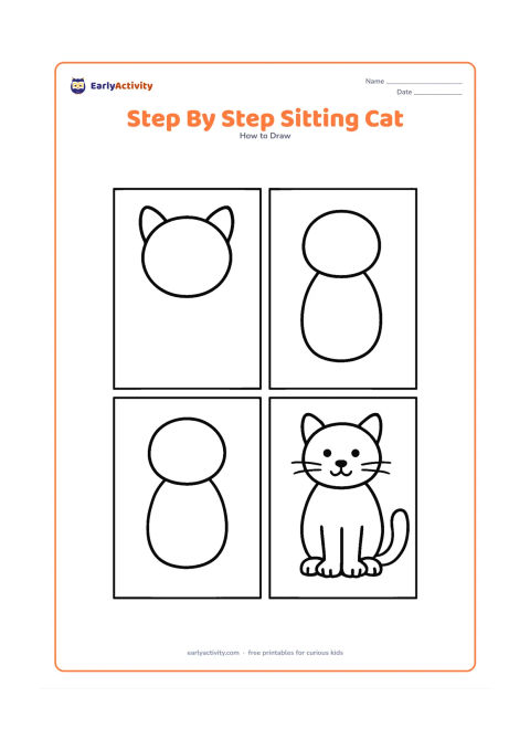 Worksheet: Show four separate picture panels arranged in a row without text: a round head with ears, a body oval, added paws and tail, and a finished sitting cat with eyes and whiskers. Keep each…