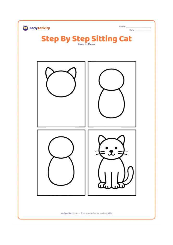 Worksheet: Show four separate picture panels arranged in a row without text: a round head with ears, a body oval, added paws and tail, and a finished sitting cat with eyes and whiskers. Keep each…