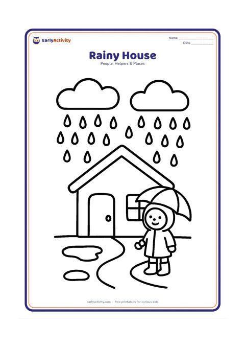 Colouring page: Draw a cozy house with a sloping roof, closed door, windows, puddles and large raindrops falling from clouds. Show one child in boots standing under a simple umbrella near the path.