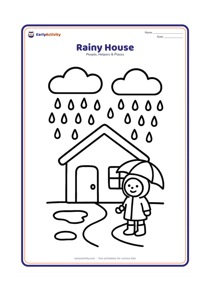 Colouring page: Draw a cozy house with a sloping roof, closed door, windows, puddles and large raindrops falling from clouds. Show one child in boots standing under a simple umbrella near the path.