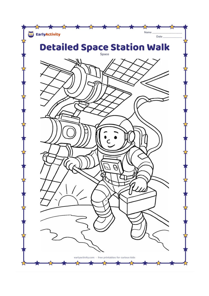 Colouring page: Draw an astronaut on a careful space walk outside a detailed space station, holding a handrail while inspecting a tool case. Show layered solar panels, modules, cables, a tether, Earth's…