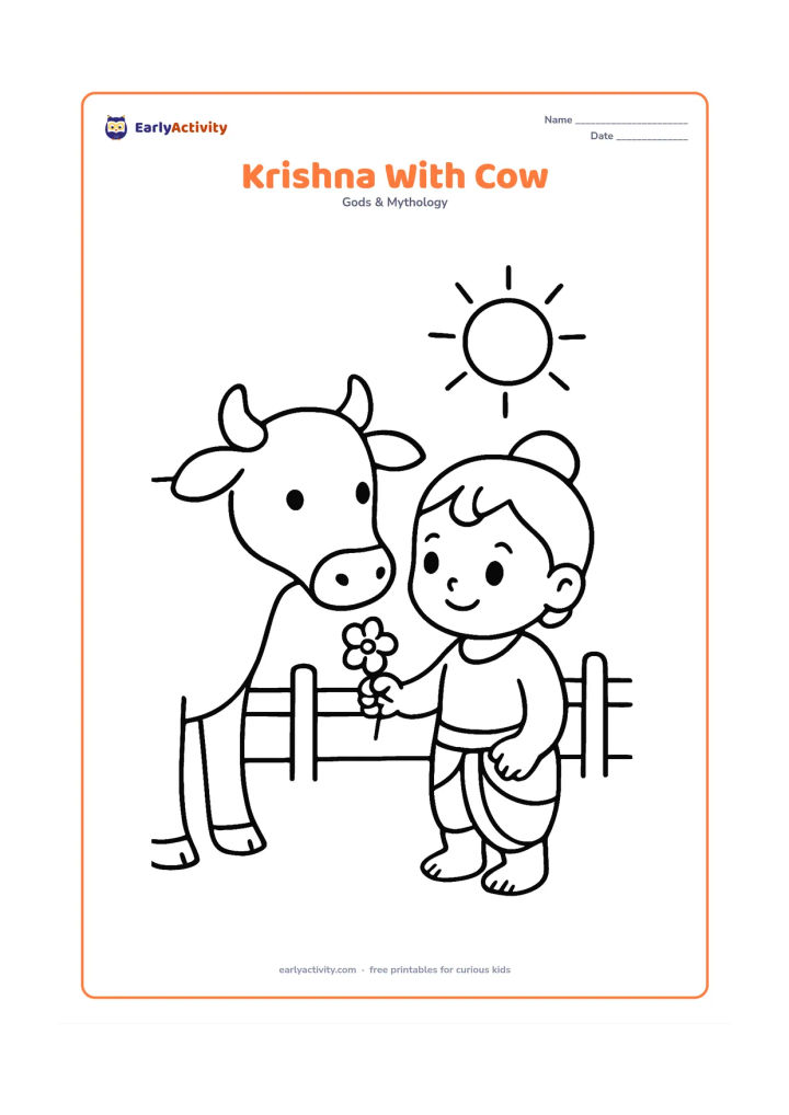 Colouring page: Baby Krishna stands beside a gentle cow and holds a small flower toward it, with a simple fence and sun in the background. Place the cow's head close to Krishna so their interaction is…