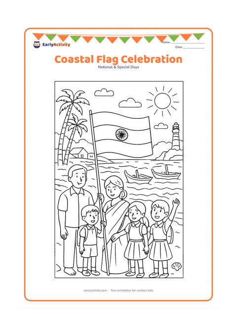 Colouring page: A family and schoolchildren hold an Indian flag near an Indian coastal village, with fishing boats, coconut palms, waves, seashells and a lighthouse in the distance. Show a bright…