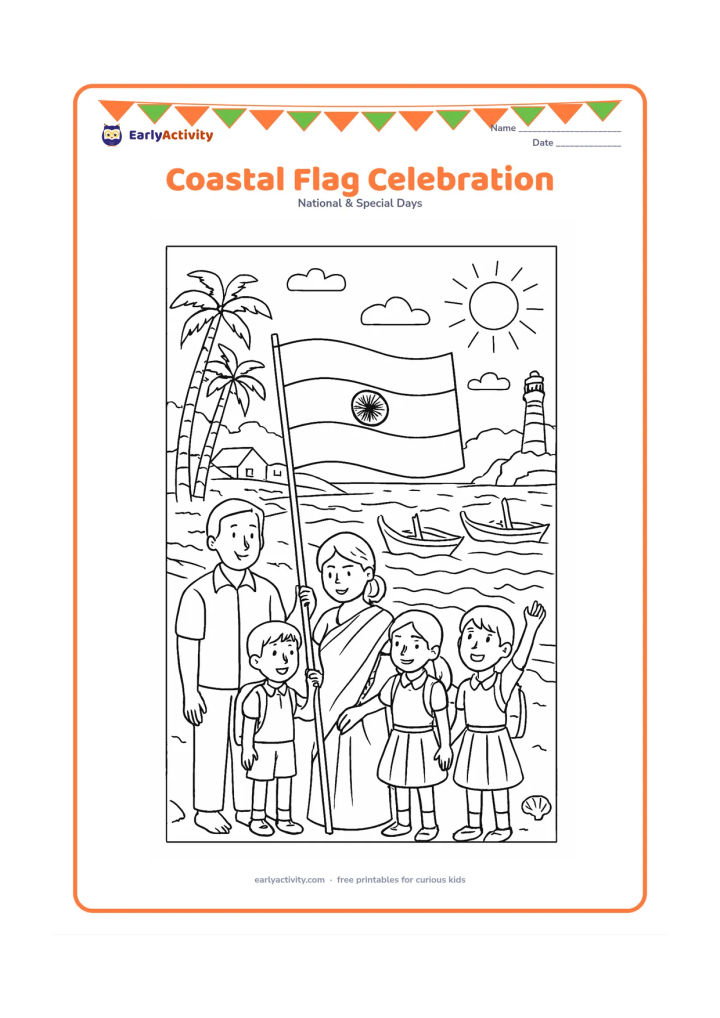 Colouring page: A family and schoolchildren hold an Indian flag near an Indian coastal village, with fishing boats, coconut palms, waves, seashells and a lighthouse in the distance. Show a bright…