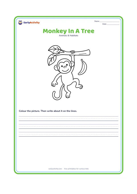 Worksheet: Draw a friendly monkey hanging by one arm from a thick tree branch, with two large leaves and one banana nearby. Show its long tail in a clear curve.