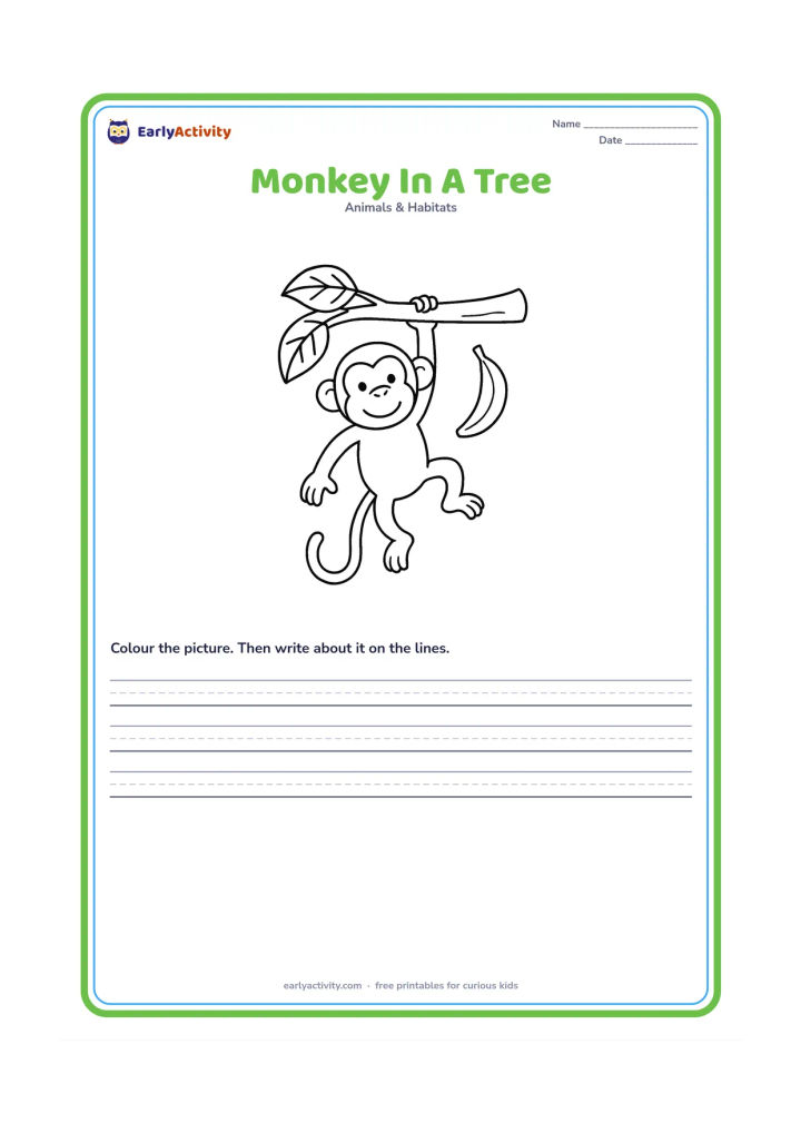 Worksheet: Draw a friendly monkey hanging by one arm from a thick tree branch, with two large leaves and one banana nearby. Show its long tail in a clear curve.