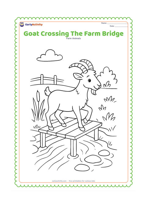 Colouring page: Draw a goat carefully crossing a small wooden bridge over a narrow stream, with one front hoof lifted. Add reeds, stepping stones, a leafy bank, and a simple fence beyond the stream.