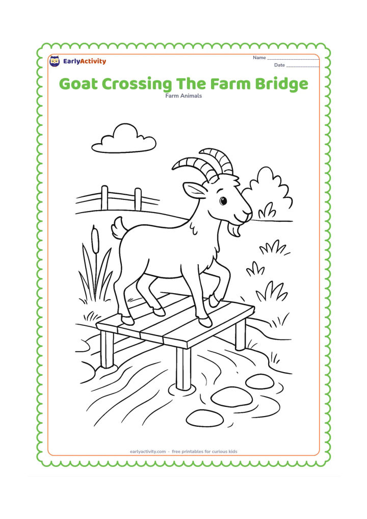 Colouring page: Draw a goat carefully crossing a small wooden bridge over a narrow stream, with one front hoof lifted. Add reeds, stepping stones, a leafy bank, and a simple fence beyond the stream.