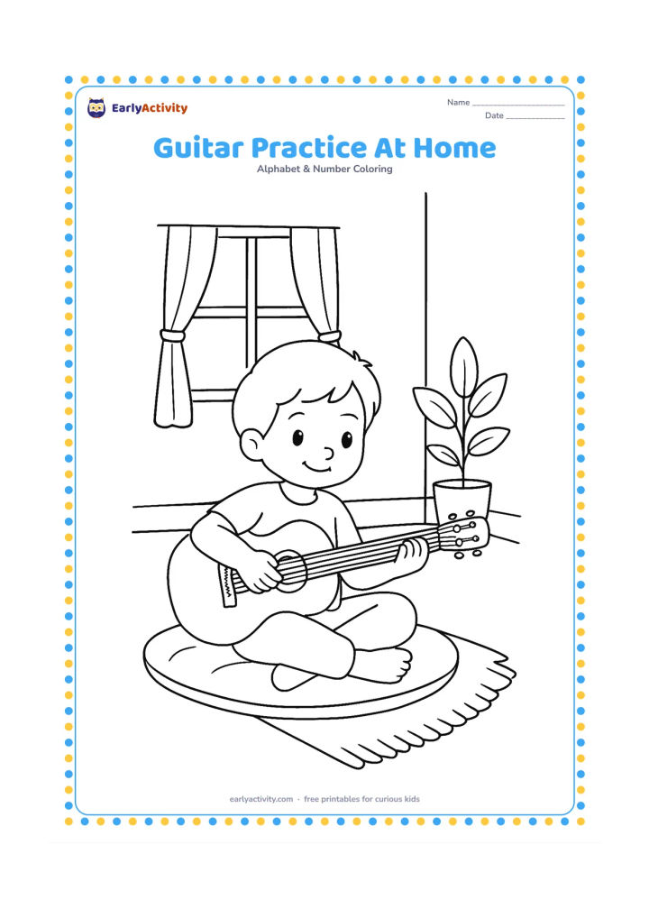 Colouring page: A child sits on a floor cushion and gently plays a guitar in a bright room. Include a small rug, a window with curtains, and one potted plant.