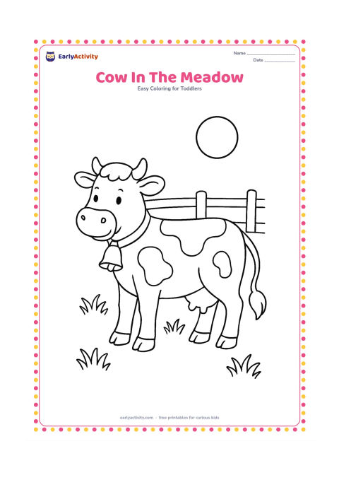 Colouring page: Draw a friendly cow standing side-on in a meadow, with a bell collar, large patches and a swishing tail. Add three tufts of grass, a fence with two rails and a round sun in the distance.