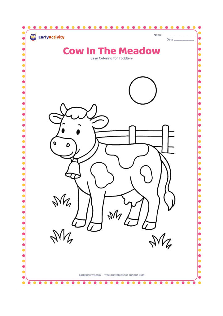 Colouring page: Draw a friendly cow standing side-on in a meadow, with a bell collar, large patches and a swishing tail. Add three tufts of grass, a fence with two rails and a round sun in the distance.
