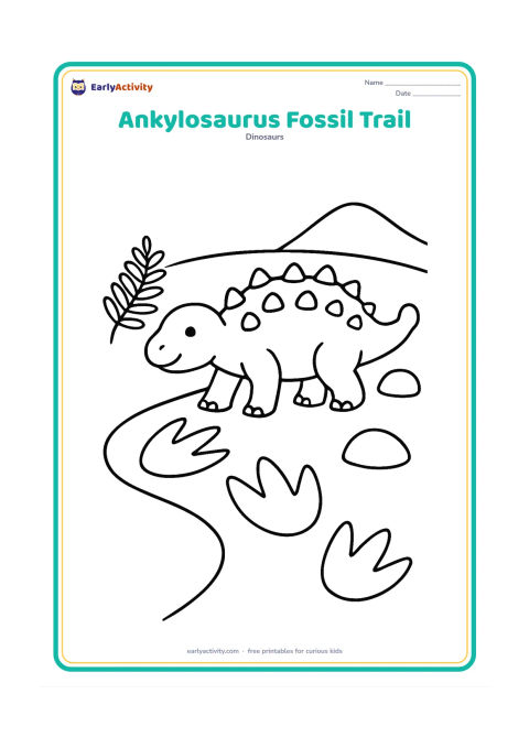 Colouring page: An Ankylosaurus walks beside a clear trail of three large fossil footprints pressed into the ground. Add one fern, one rounded rock and a low hill.