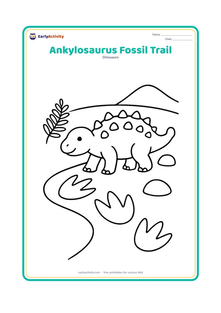 Colouring page: An Ankylosaurus walks beside a clear trail of three large fossil footprints pressed into the ground. Add one fern, one rounded rock and a low hill.