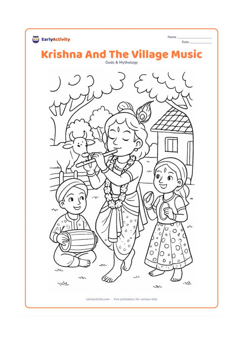 Colouring page: Draw Krishna leading a small musical gathering in a village courtyard, playing his flute while friends play a drum and hand cymbals. Add cows near a fence, patterned clothing, flower…
