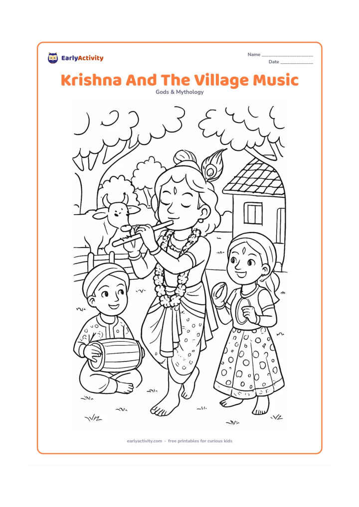 Colouring page: Draw Krishna leading a small musical gathering in a village courtyard, playing his flute while friends play a drum and hand cymbals. Add cows near a fence, patterned clothing, flower…