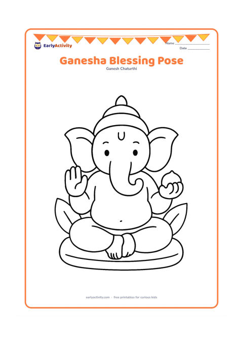 Colouring page: A seated Ganesha raises one hand in a gentle blessing gesture while holding a round sweet in the other. Add a low cushion and two large leaves.