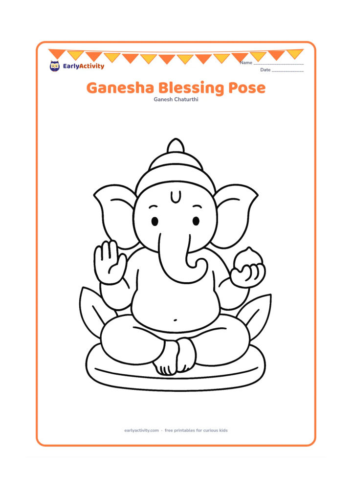 Colouring page: A seated Ganesha raises one hand in a gentle blessing gesture while holding a round sweet in the other. Add a low cushion and two large leaves.